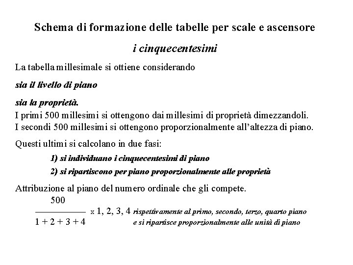 Schema di formazione delle tabelle per scale e ascensore i cinquecentesimi La tabella millesimale