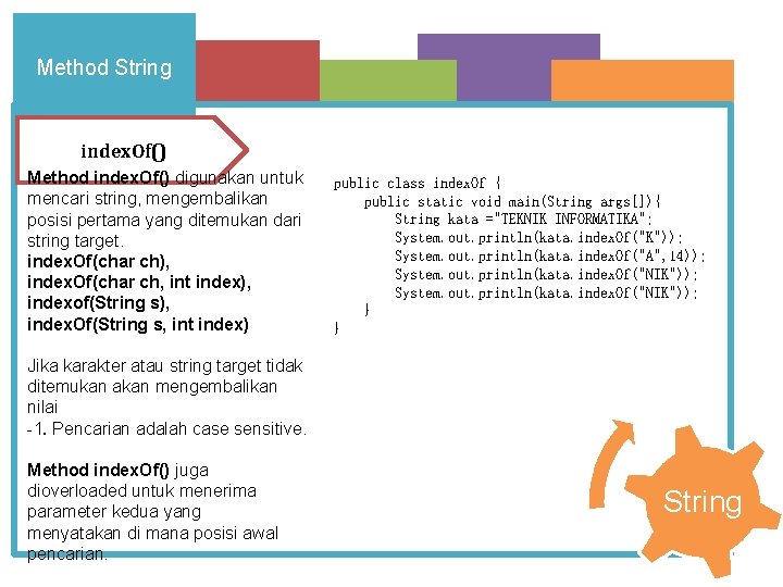 Method String index. Of() Method index. Of() digunakan untuk mencari string, mengembalikan posisi pertama
