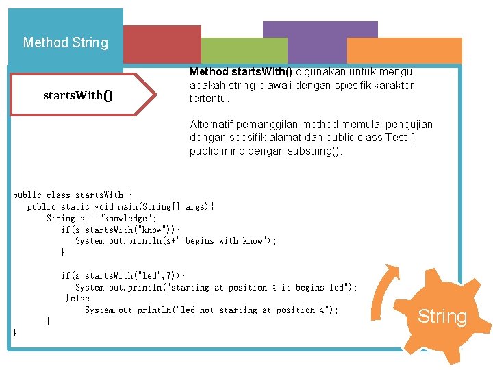 Method String starts. With() Method starts. With() digunakan untuk menguji apakah string diawali dengan