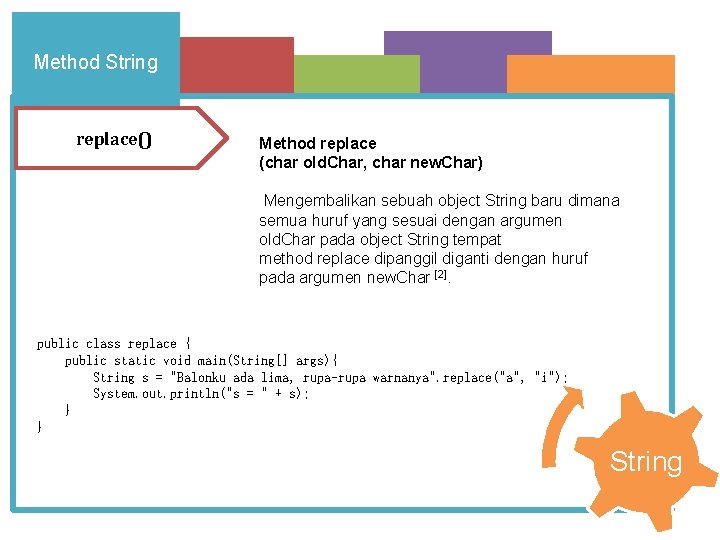 Method String replace() Method replace (char old. Char, char new. Char) Mengembalikan sebuah object