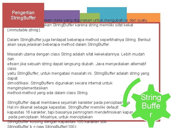 Pengertian String. Buffer merupakan class yang digunakan untuk mengubah isi dari suatu string. Alasan