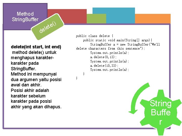 Method String. Buffer ) ( e t le de delete(int start, int end) method