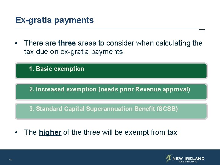 Ex-gratia payments • There are three areas to consider when calculating the tax due