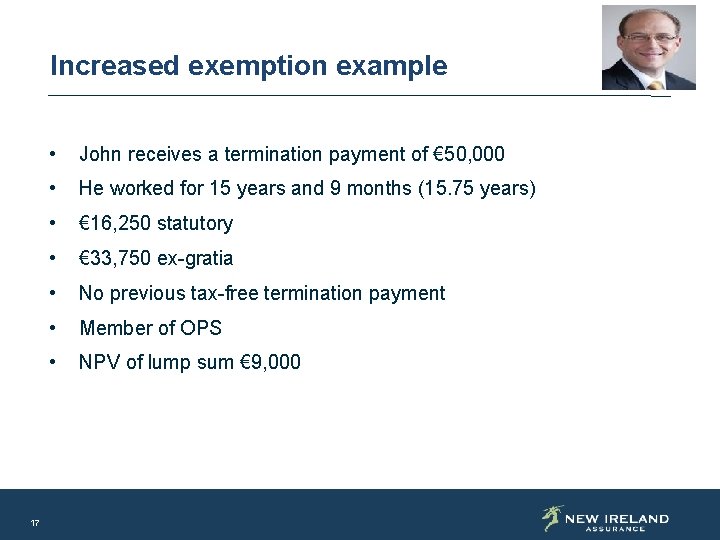 Increased exemption example 17 • John receives a termination payment of € 50, 000