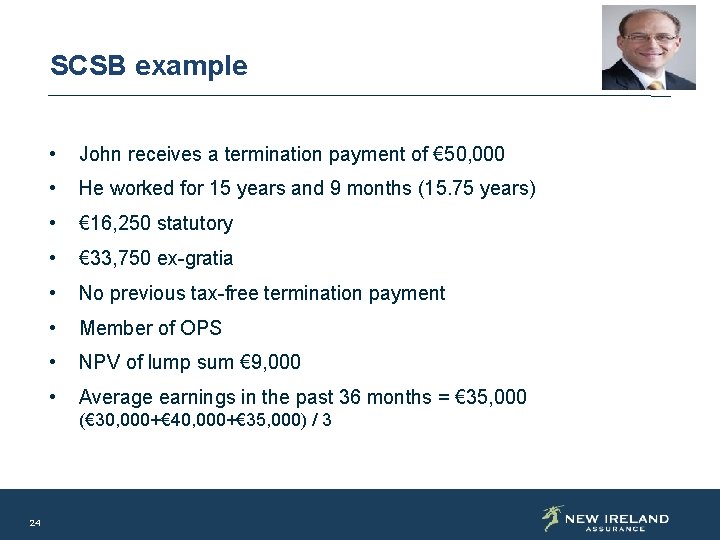 SCSB example • John receives a termination payment of € 50, 000 • He