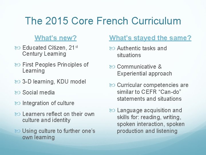 The 2015 Core French Curriculum What’s new? Educated Citizen, 21 st Century Learning First