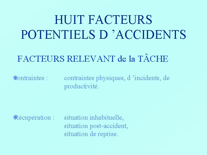 HUIT FACTEURS POTENTIELS D ’ACCIDENTS FACTEURS RELEVANT de la T CHE contraintes : contraintes