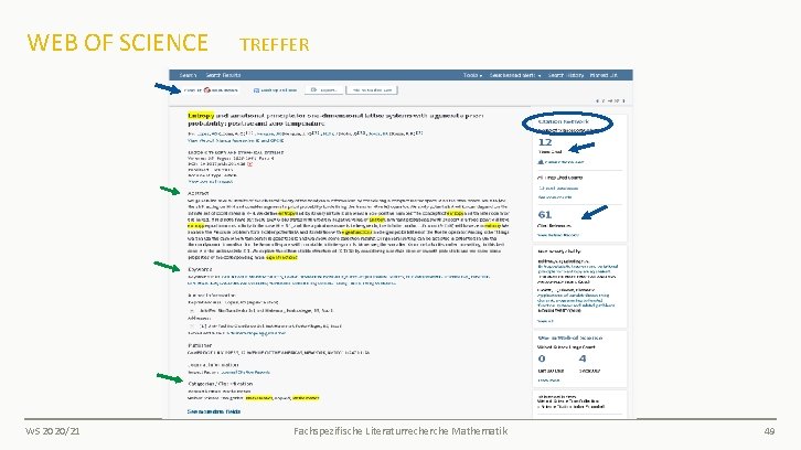 WEB OF SCIENCE TREFFER WS 2020/21 Fachspezifische Literaturrecherche Mathematik 49 