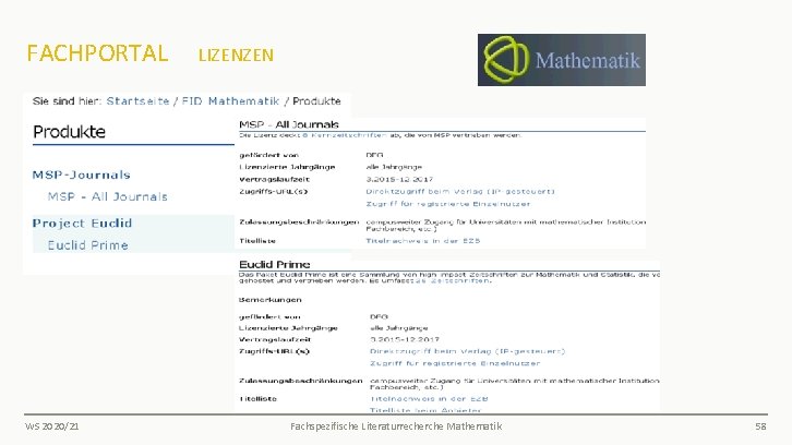 FACHPORTAL LIZENZEN WS 2020/21 Fachspezifische Literaturrecherche Mathematik 58 