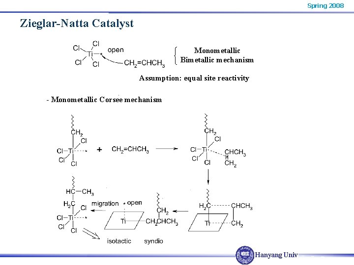 Spring 2008 Zieglar-Natta Catalyst Monometallic Bimetallic mechanism Assumption: equal site reactivity - Monometallic Corsee