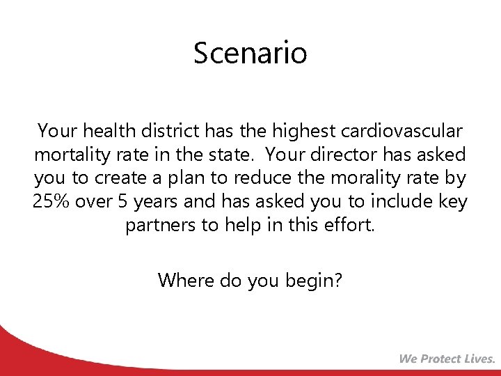 Scenario Your health district has the highest cardiovascular mortality rate in the state. Your