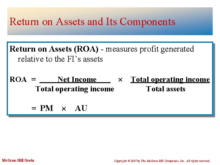 Return on Assets and Its Components Return on Assets (ROA) - measures profit generated