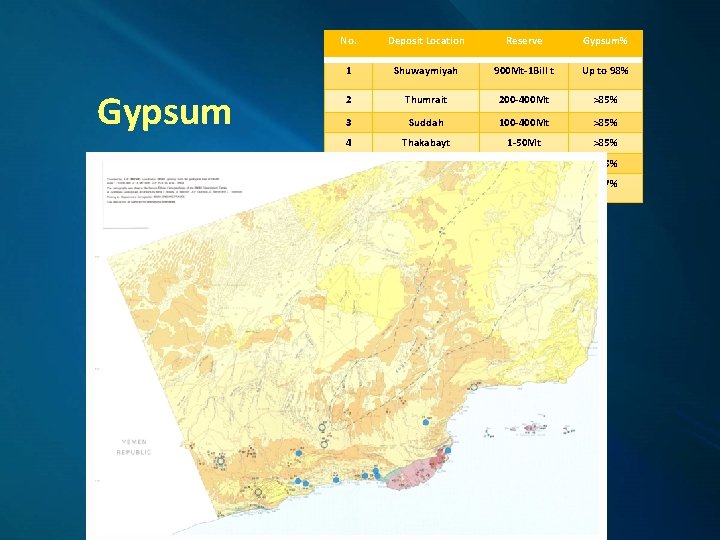 Gypsum No. Deposit Location Reserve Gypsum% 1 Shuwaymiyah 900 Mt-1 Bill t Up to