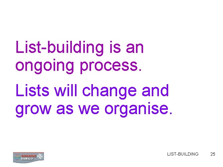 List-building is an ongoing process. Lists will change and grow as we organise. LIST-BUILDING