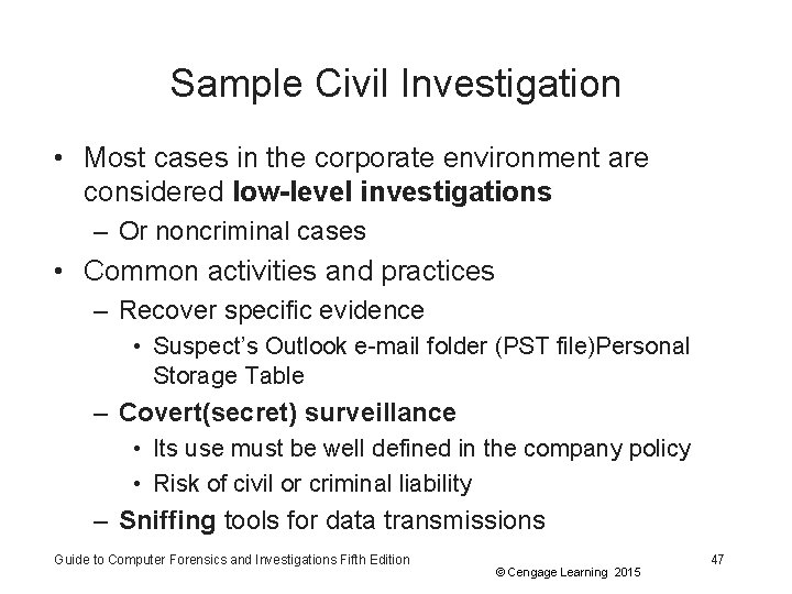 Sample Civil Investigation • Most cases in the corporate environment are considered low-level investigations