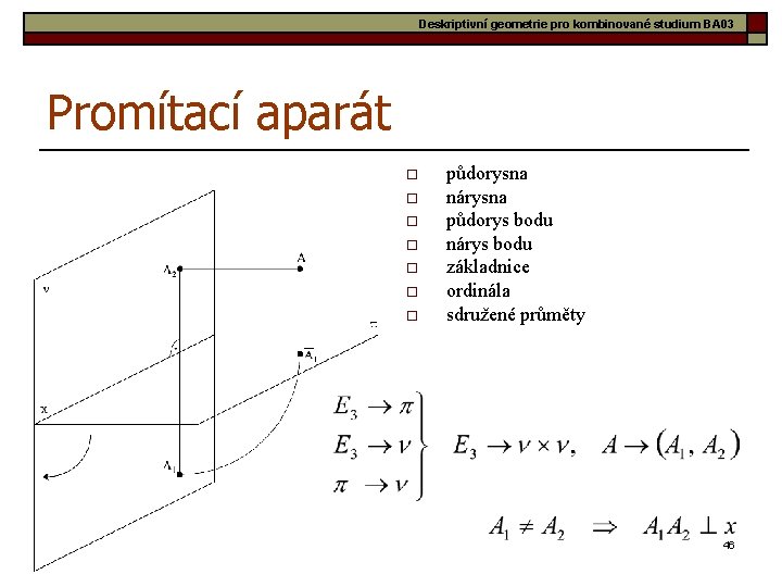 Deskriptivní geometrie pro kombinované studium BA 03 Promítací aparát o o o o půdorysna