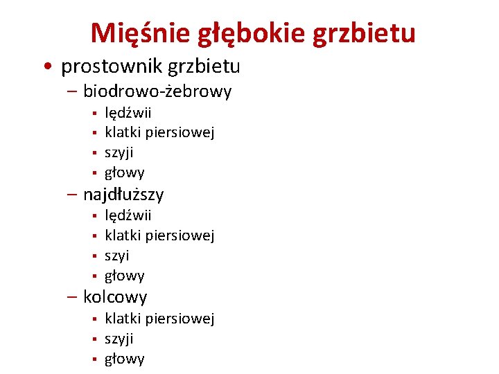 Mięśnie głębokie grzbietu • prostownik grzbietu – biodrowo-żebrowy § § lędźwii klatki piersiowej szyji