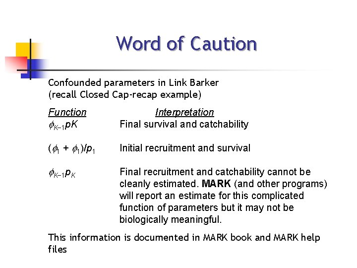 Word of Caution Confounded parameters in Link Barker (recall Closed Cap-recap example) Function f.