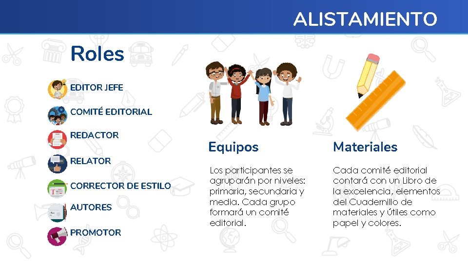 ALISTAMIENTO Roles EDITOR JEFE COMITÉ EDITORIAL REDACTOR RELATOR CORRECTOR DE ESTILO AUTORES PROMOTOR Equipos