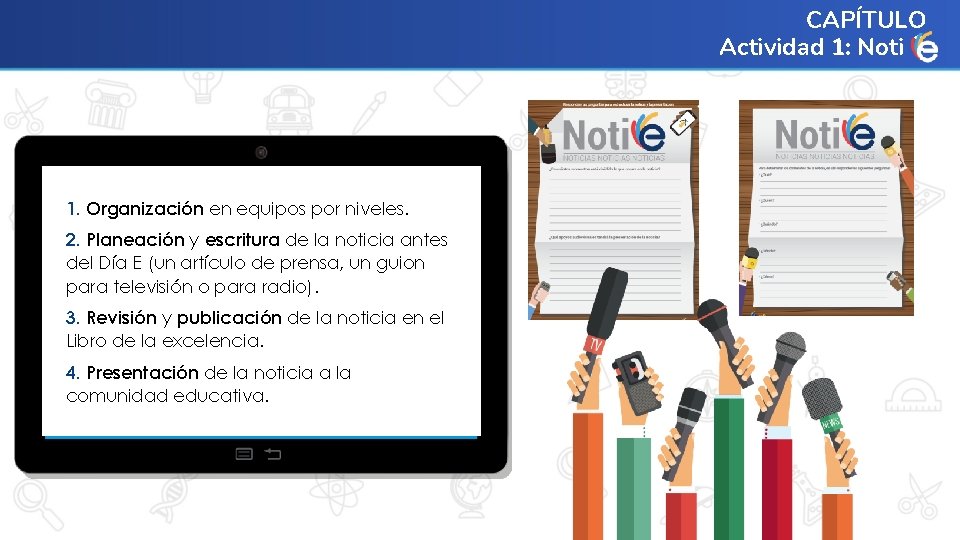 CAPÍTULO Actividad 1: Noti 1 1. Organización en equipos por niveles. 2. Planeación y