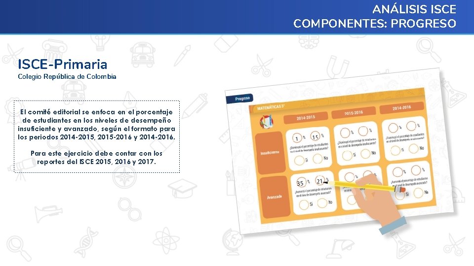 ANÁLISIS ISCE COMPONENTES: PROGRESO ISCE-Primaria Colegio República de Colombia El comité editorial se enfoca