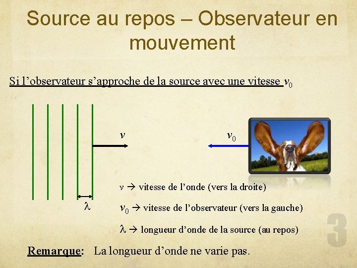 Source au repos – Observateur en mouvement Si l’observateur s’approche de la source avec
