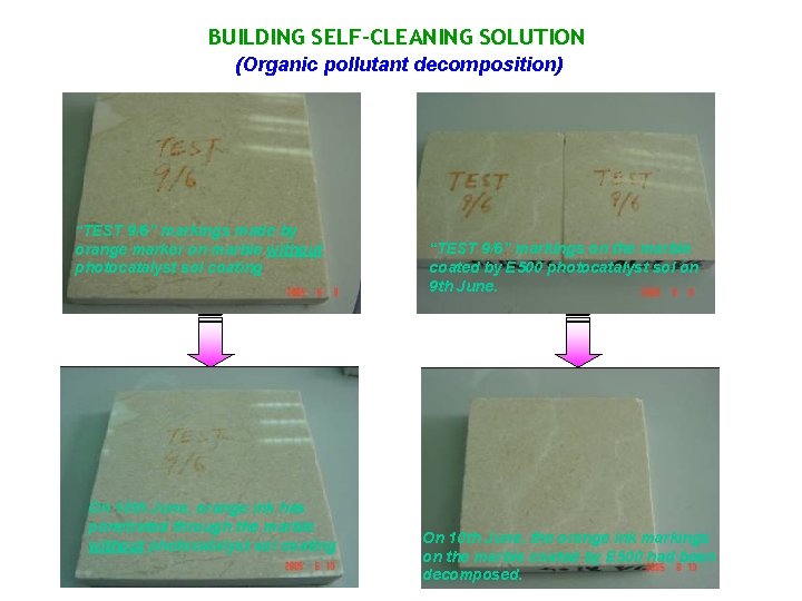BUILDING SELF-CLEANING SOLUTION (Organic pollutant decomposition) “TEST 9/6” markings made by orange marker on