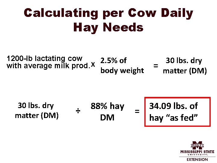 Calculating per Cow Daily Hay Needs 1200 -lb lactating cow 2. 5% of X