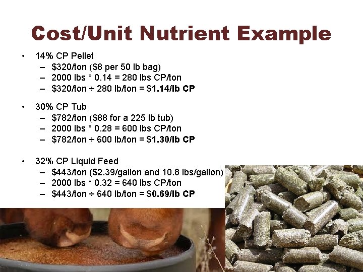 Cost/Unit Nutrient Example • 14% CP Pellet – $320/ton ($8 per 50 lb bag)
