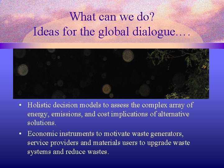 What can we do? Ideas for the global dialogue…. • Holistic decision models to