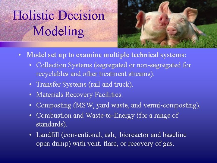 Holistic Decision Modeling • Model set up to examine multiple technical systems: • Collection