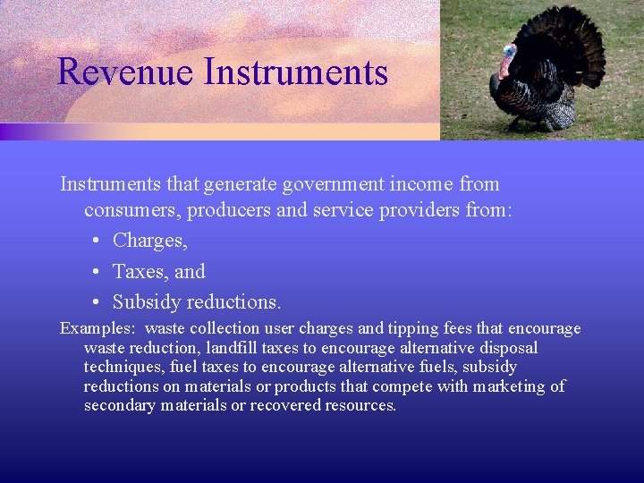 Revenue Instruments that generate government income from consumers, producers and service providers from: •