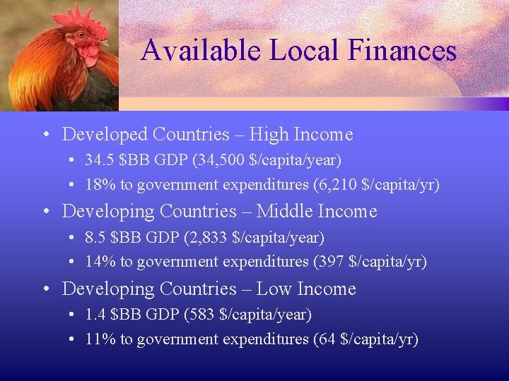 Available Local Finances • Developed Countries – High Income • 34. 5 $BB GDP