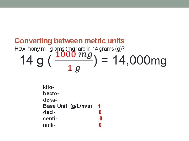 Converting between metric units How many milligrams (mg) are in 14 grams (g)? kilohectodeka.