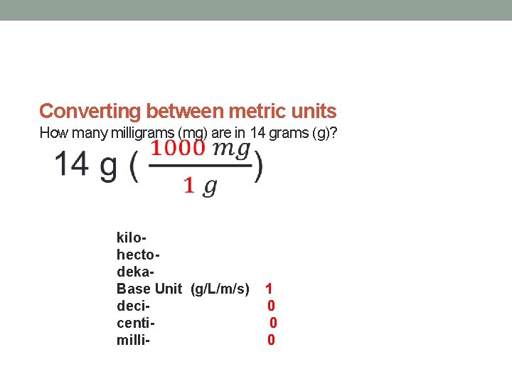 Converting between metric units How many milligrams (mg) are in 14 grams (g)? kilohectodeka.