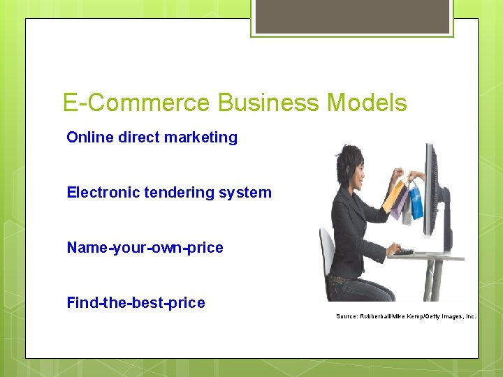 E-Commerce Business Models Online direct marketing Electronic tendering system Name-your-own-price Find-the-best-price Source: Rubberball/Mike Kemp/Getty