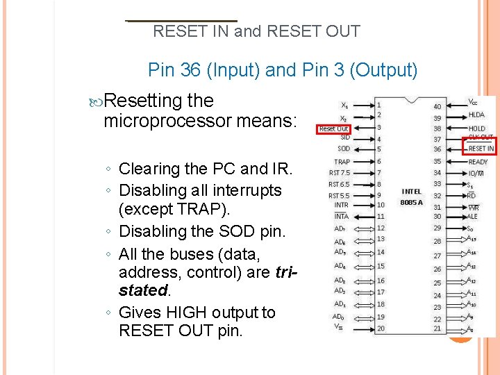 RESET IN and RESET OUT Pin 36 (Input) and Pin 3 (Output) Resetting the