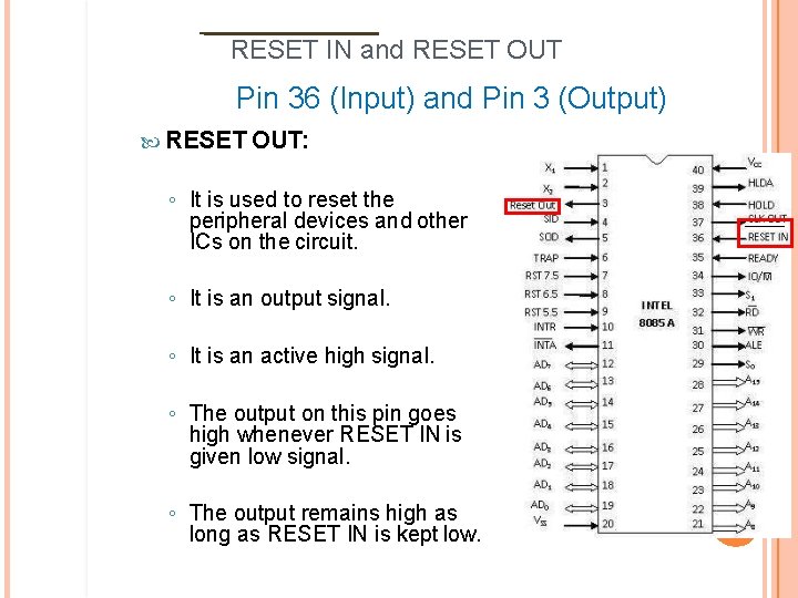 RESET IN and RESET OUT Pin 36 (Input) and Pin 3 (Output) RESET OUT:
