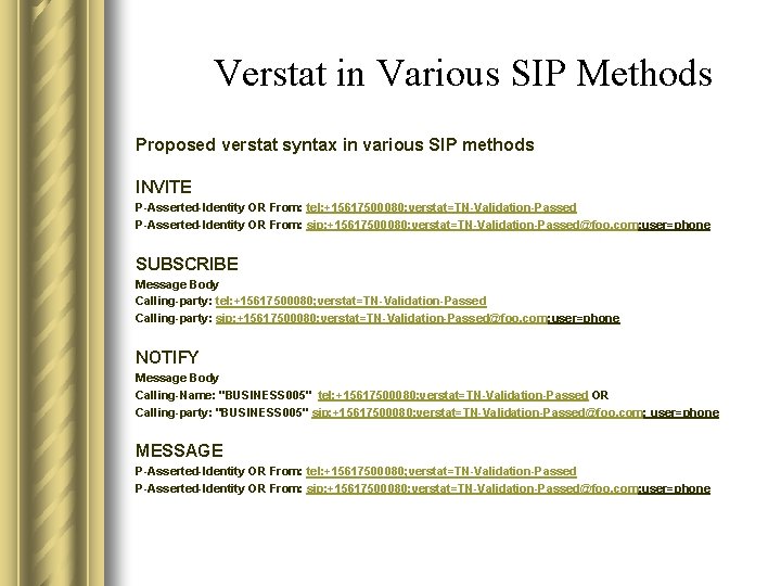 Verstat in Various SIP Methods Proposed verstat syntax in various SIP methods INVITE P-Asserted-Identity
