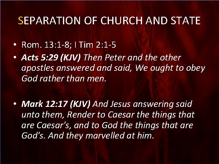 SEPARATION OF CHURCH AND STATE • Rom. 13: 1 -8; I Tim 2: 1