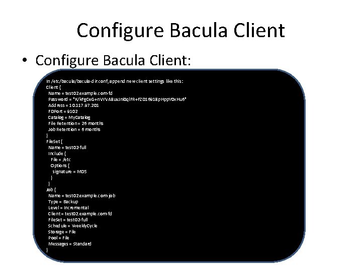 Configure Bacula Client • Configure Bacula Client: In /etc/bacula-dir. conf, append new client settings