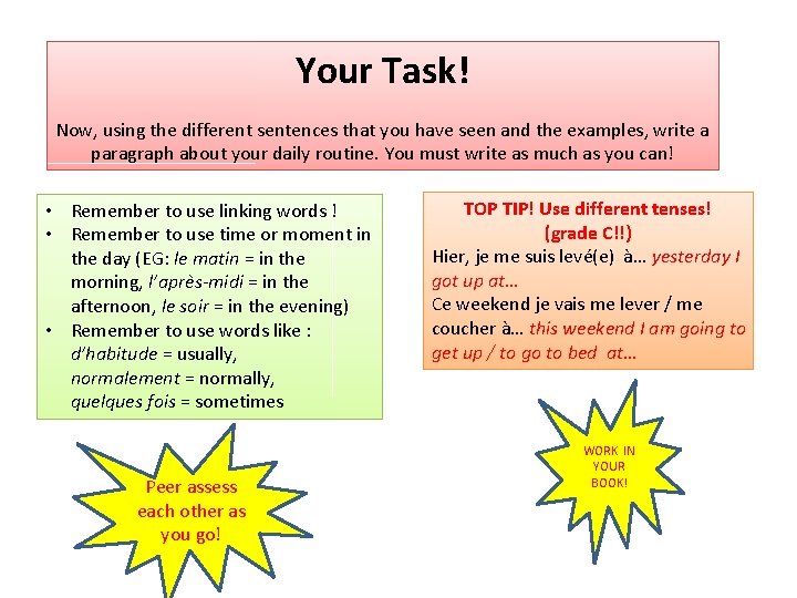 Your Task! Now, using the different sentences that you have seen and the examples,