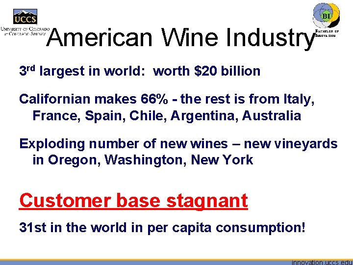 American Wine Industry BACHELOR OF INNOVATION™ 3 rd largest in world: worth $20 billion