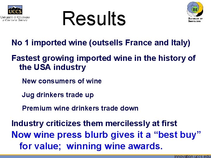 Results BACHELOR OF INNOVATION™ No 1 imported wine (outsells France and Italy) Fastest growing