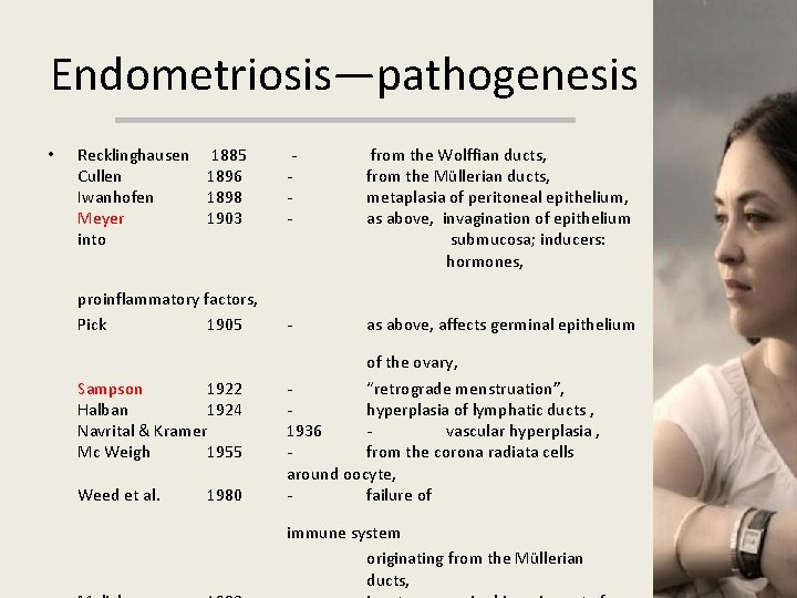 Endometriosis—pathogenesis • Recklinghausen Cullen Iwanhofen Meyer into 1885 1896 1898 1903 - proinflammatory factors,