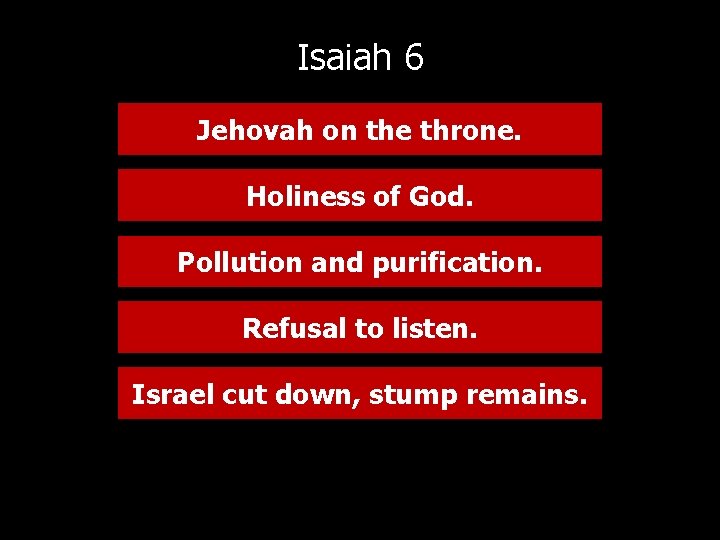 Isaiah 6 Jehovah on the throne. Holiness of God. Pollution and purification. Refusal to