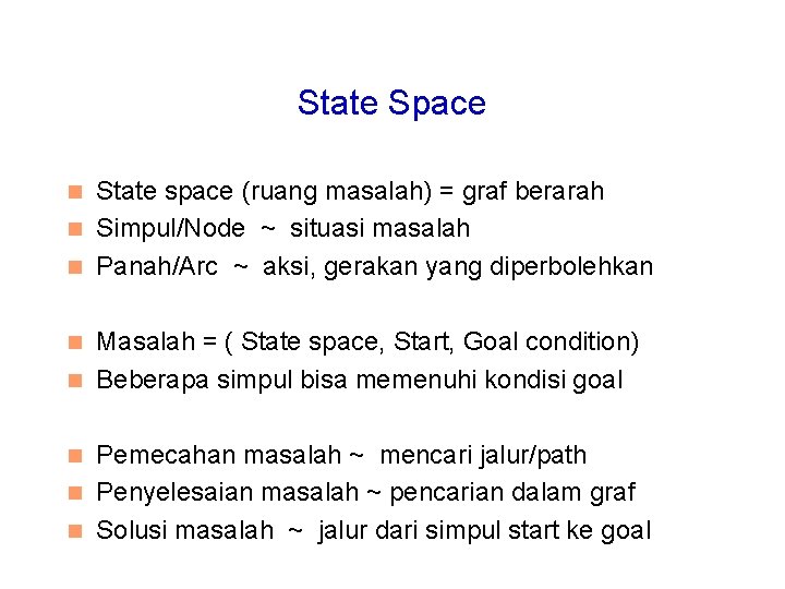 State Space State space (ruang masalah) = graf berarah n Simpul/Node ~ situasi masalah