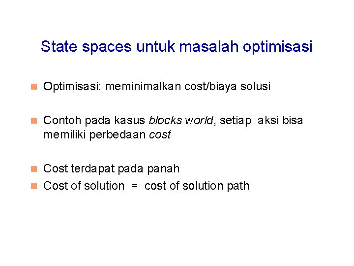 State spaces untuk masalah optimisasi n Optimisasi: meminimalkan cost/biaya solusi n Contoh pada kasus