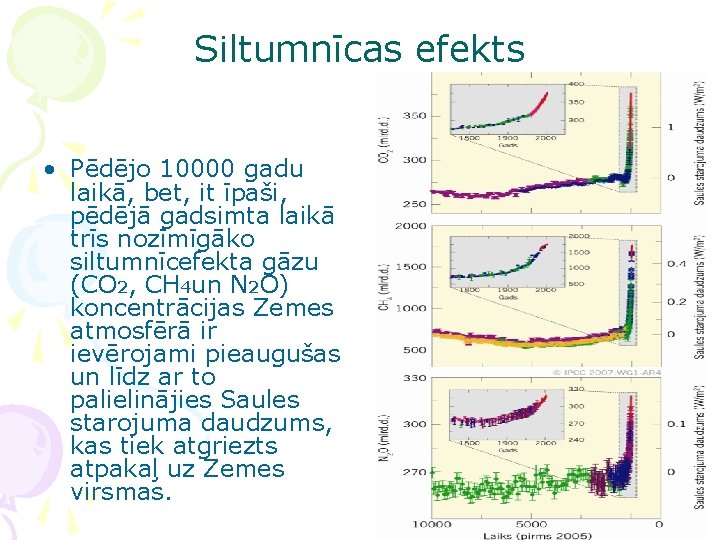Siltumnīcas efekts • Pēdējo 10000 gadu laikā, bet, it īpaši, pēdējā gadsimta laikā trīs