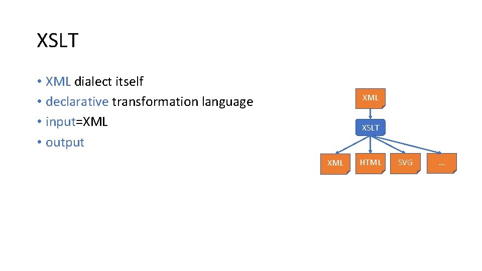 XSLT • XML dialect itself • declarative transformation language • input=XML • output XML